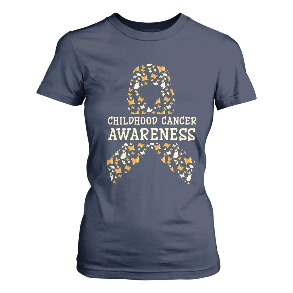 Childhood Cancer Warrior Support T Shirt For Women Butterfly Gold Ribbon Support Raise