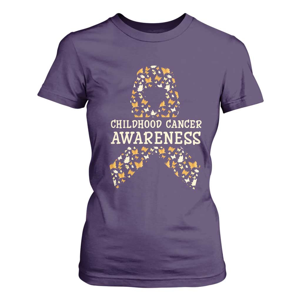 Childhood Cancer Warrior Support T Shirt For Women Butterfly Gold Ribbon Support Raise