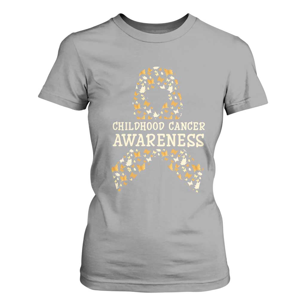 Childhood Cancer Warrior Support T Shirt For Women Butterfly Gold Ribbon Support Raise