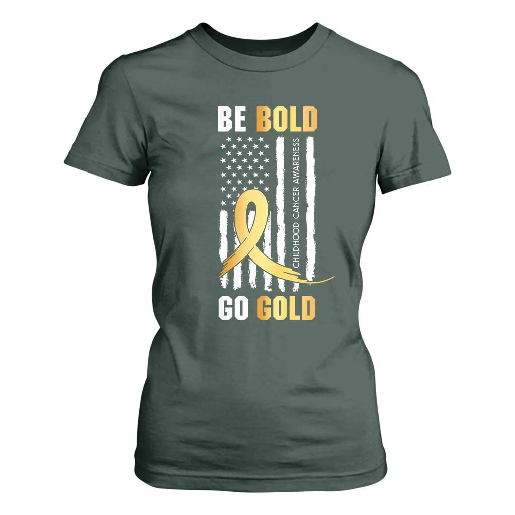 Childhood Cancer Warrior Support T Shirt For Women Childhood Be Bold Go Gold US Flag