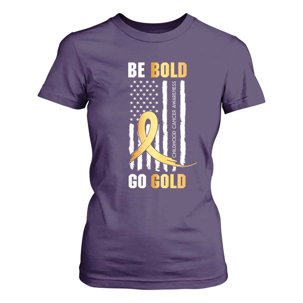 Childhood Cancer Warrior Support T Shirt For Women Childhood Be Bold Go Gold US Flag