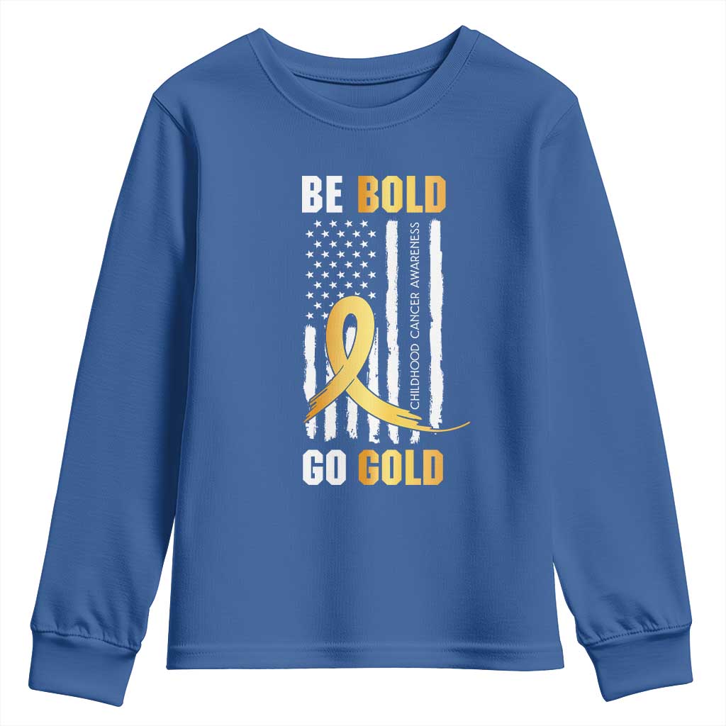 Childhood Cancer Warrior Support Youth Sweatshirt Childhood Be Bold Go Gold US Flag
