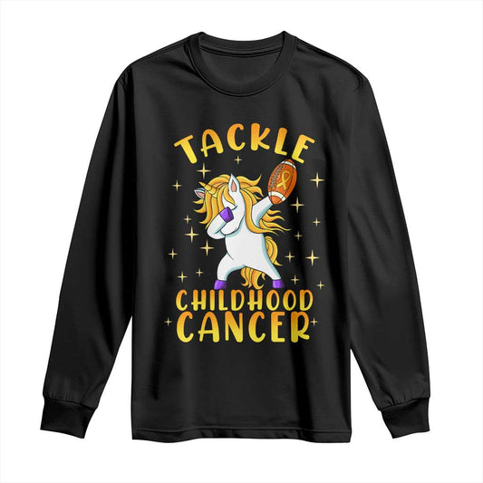 Childhood Cancer Warrior Support Long Sleeve Shirt Dabbing Unicorn Rugby Football Tackle
