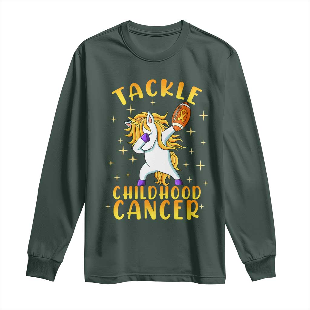 Childhood Cancer Warrior Support Long Sleeve Shirt Dabbing Unicorn Rugby Football Tackle