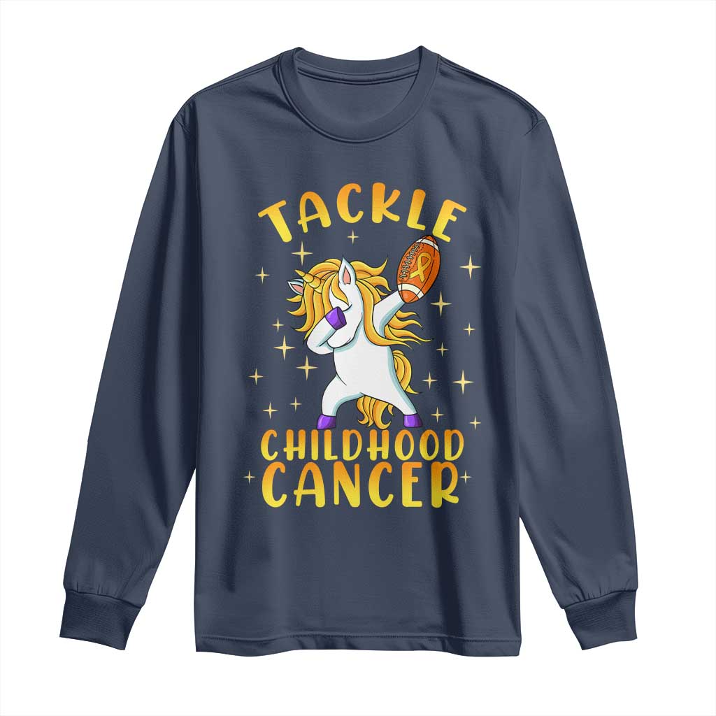 Childhood Cancer Warrior Support Long Sleeve Shirt Dabbing Unicorn Rugby Football Tackle