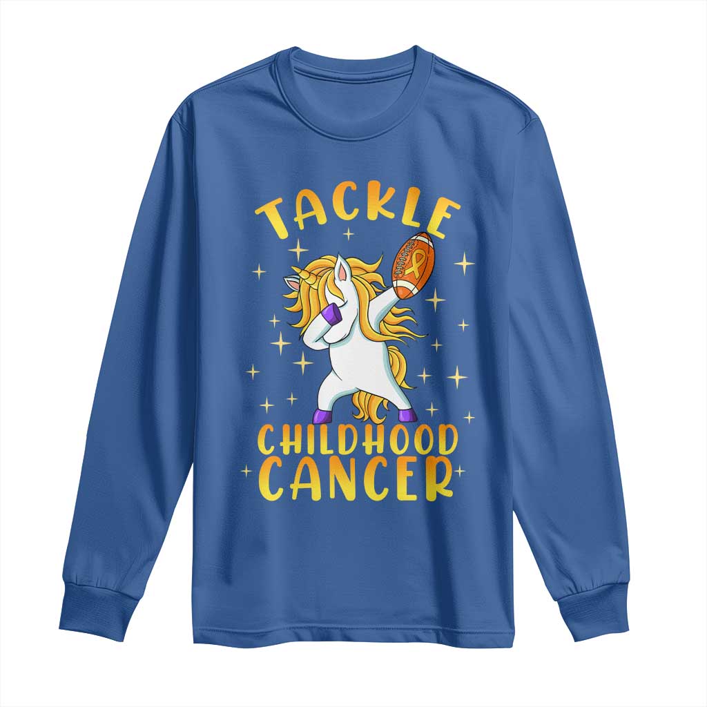 Childhood Cancer Warrior Support Long Sleeve Shirt Dabbing Unicorn Rugby Football Tackle