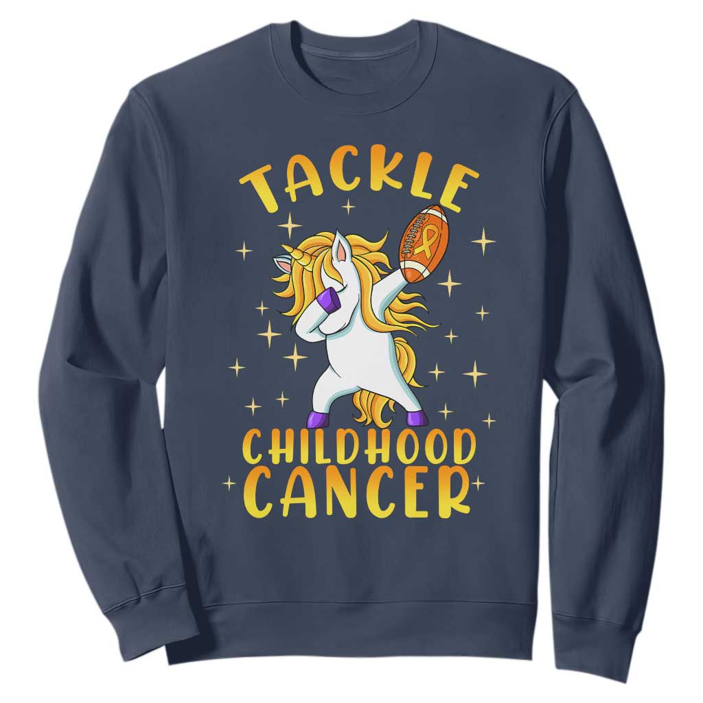 Childhood Cancer Warrior Support Sweatshirt Dabbing Unicorn Rugby Football Tackle