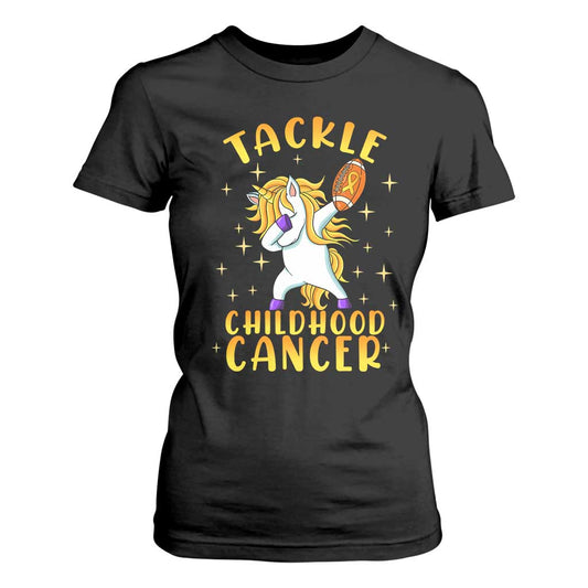 Childhood Cancer Warrior Support T Shirt For Women Dabbing Unicorn Rugby Football Tackle