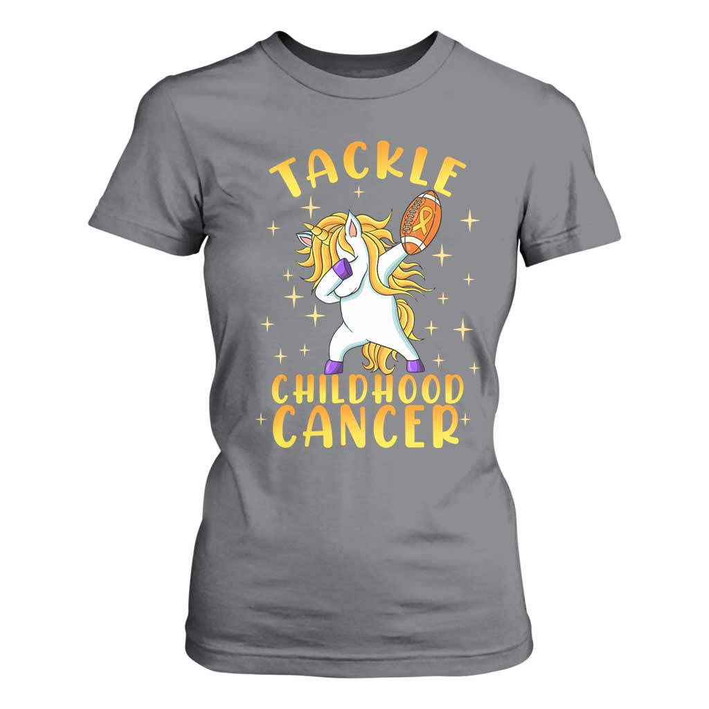 Childhood Cancer Warrior Support T Shirt For Women Dabbing Unicorn Rugby Football Tackle