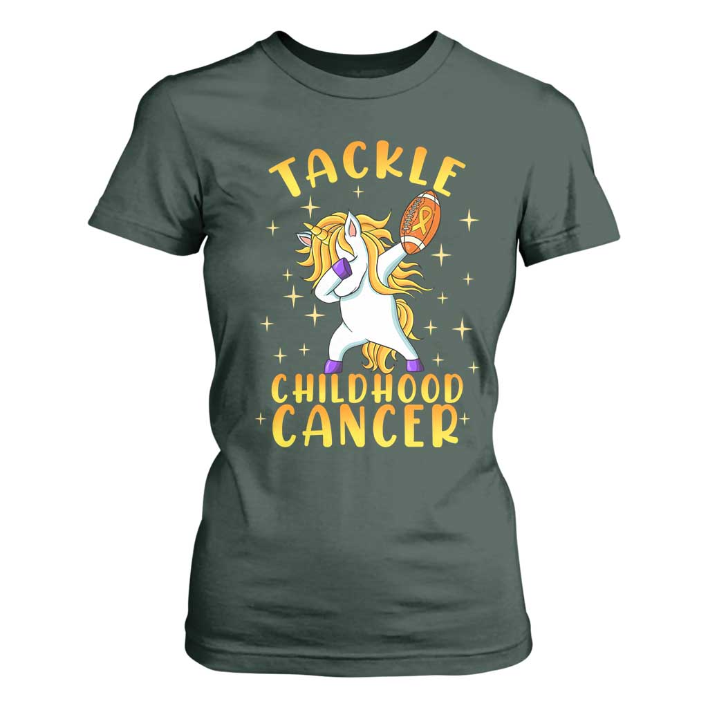 Childhood Cancer Warrior Support T Shirt For Women Dabbing Unicorn Rugby Football Tackle