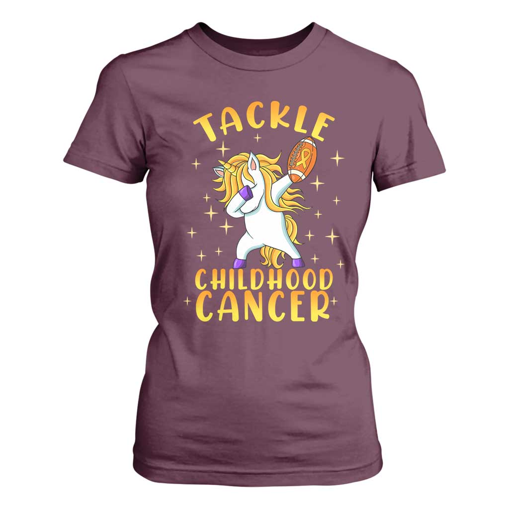 Childhood Cancer Warrior Support T Shirt For Women Dabbing Unicorn Rugby Football Tackle