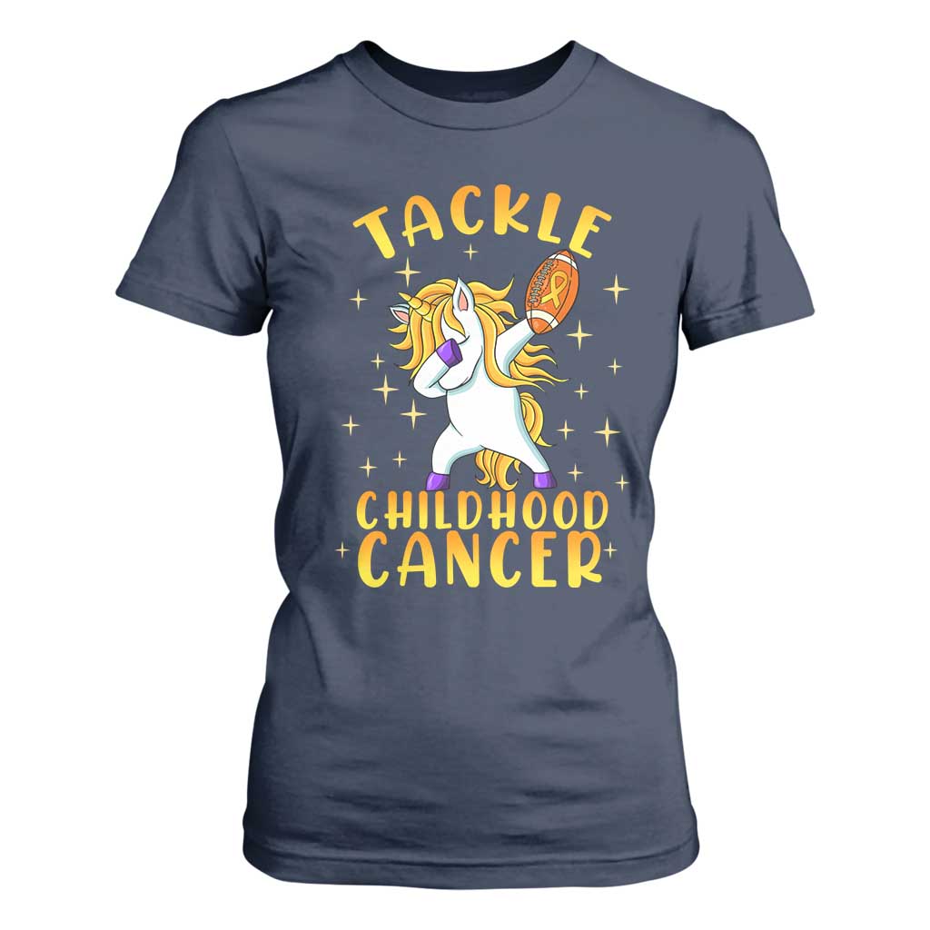 Childhood Cancer Warrior Support T Shirt For Women Dabbing Unicorn Rugby Football Tackle