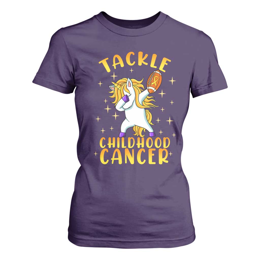 Childhood Cancer Warrior Support T Shirt For Women Dabbing Unicorn Rugby Football Tackle