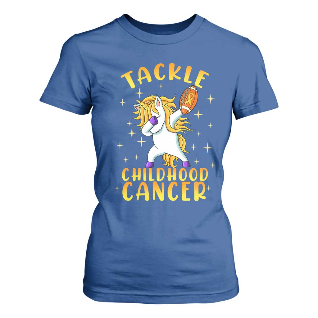 Childhood Cancer Warrior Support T Shirt For Women Dabbing Unicorn Rugby Football Tackle
