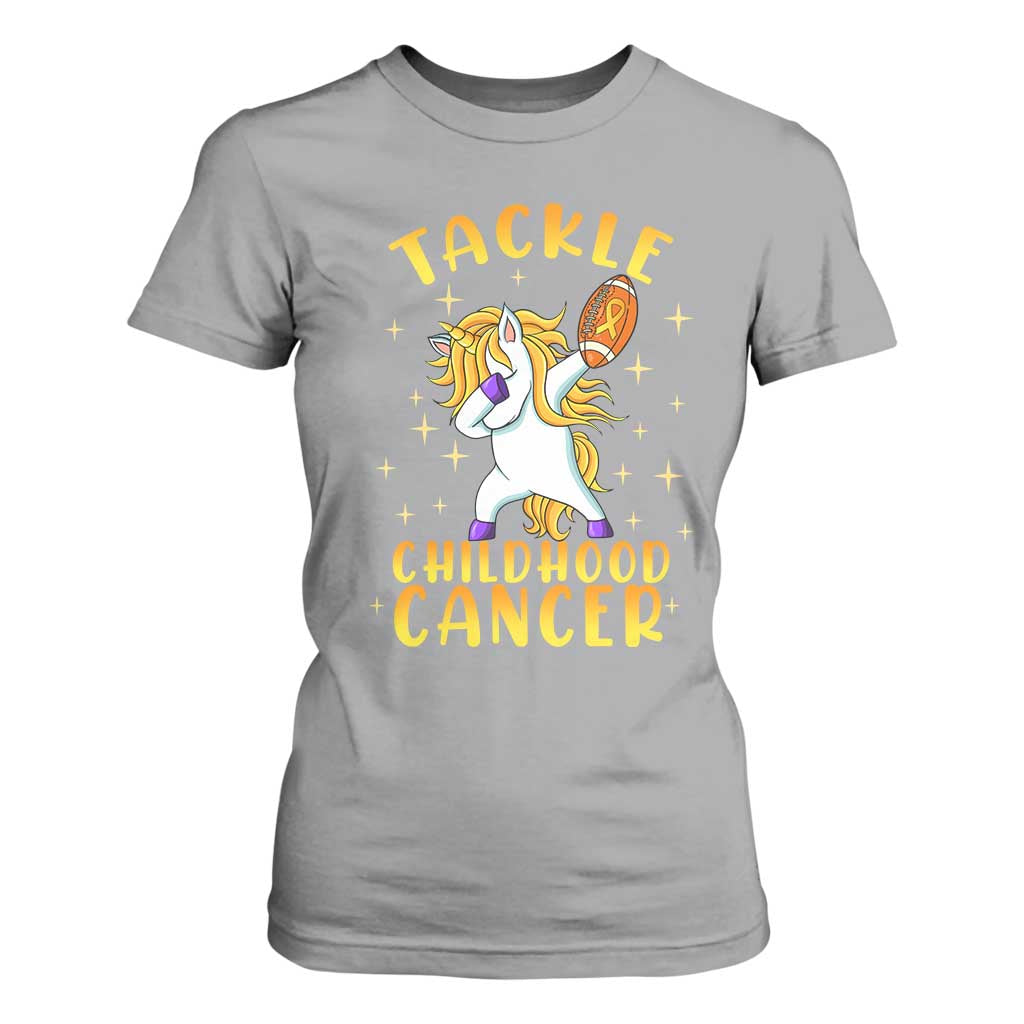 Childhood Cancer Warrior Support T Shirt For Women Dabbing Unicorn Rugby Football Tackle