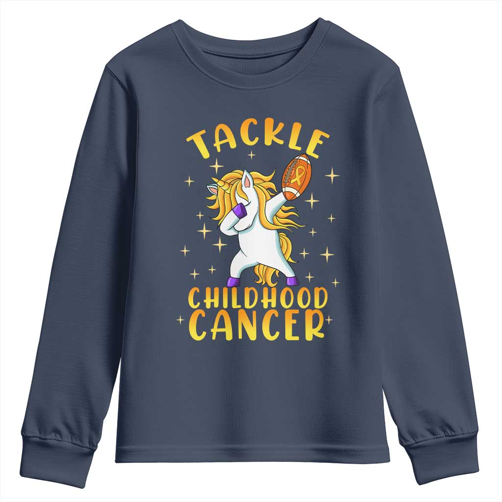 Childhood Cancer Warrior Support Youth Sweatshirt Dabbing Unicorn Rugby Football Tackle