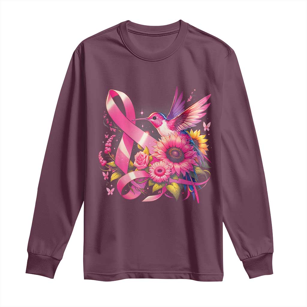 Breast Cancer Support Long Sleeve Shirt Hummingbird Pink Ribbon Warrior