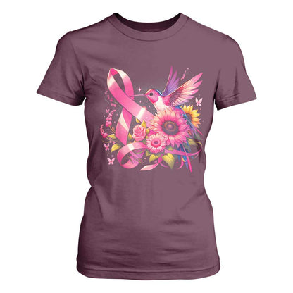 Breast Cancer Support T Shirt For Women Hummingbird Pink Ribbon Warrior