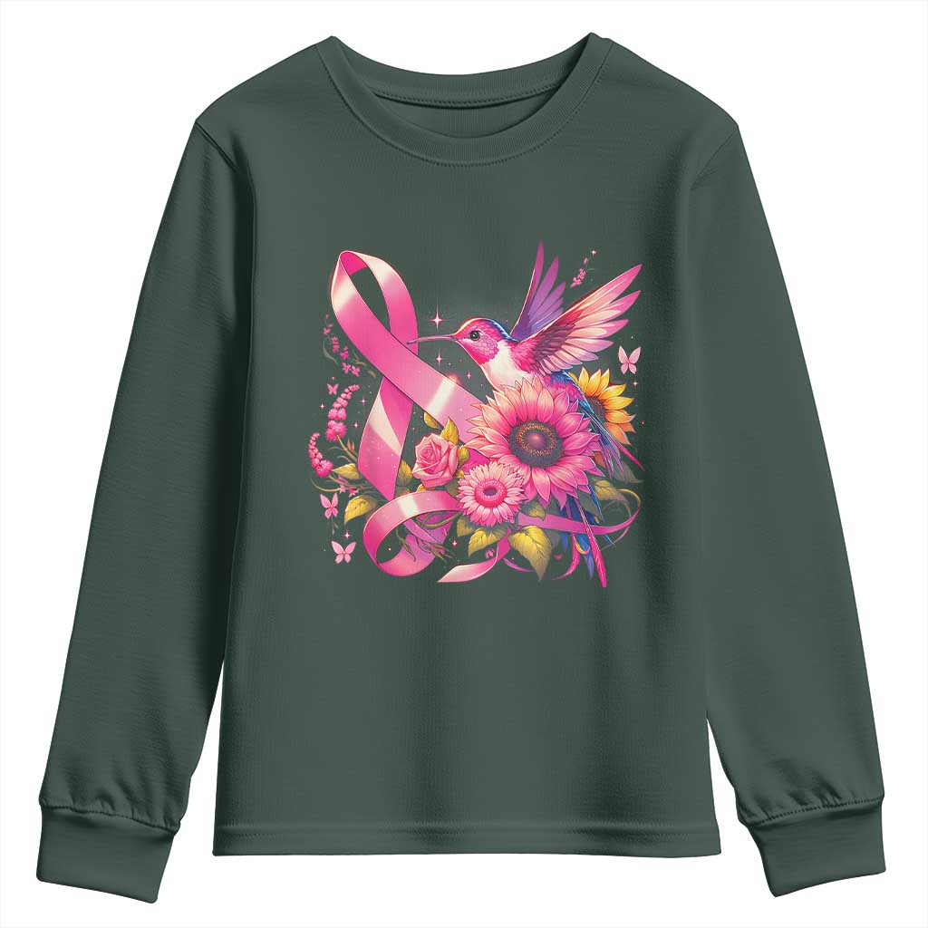 Breast Cancer Support Youth Sweatshirt Hummingbird Pink Ribbon Warrior