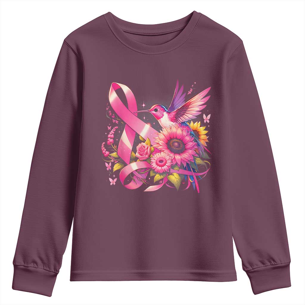 Breast Cancer Support Youth Sweatshirt Hummingbird Pink Ribbon Warrior