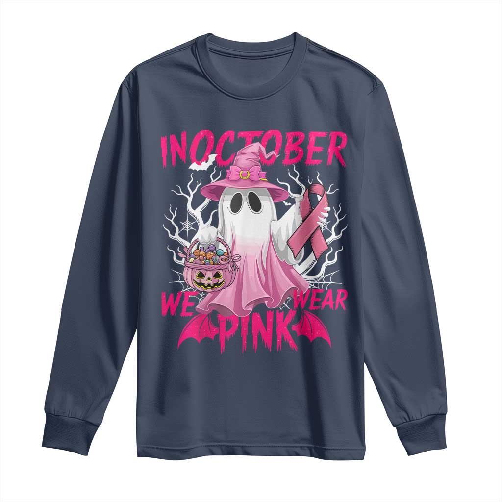 Breast Cancer Support Long Sleeve Shirt In October We Wear Pink Ghost