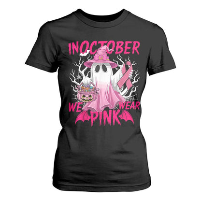Breast Cancer Support T Shirt For Women In October We Wear Pink Ghost