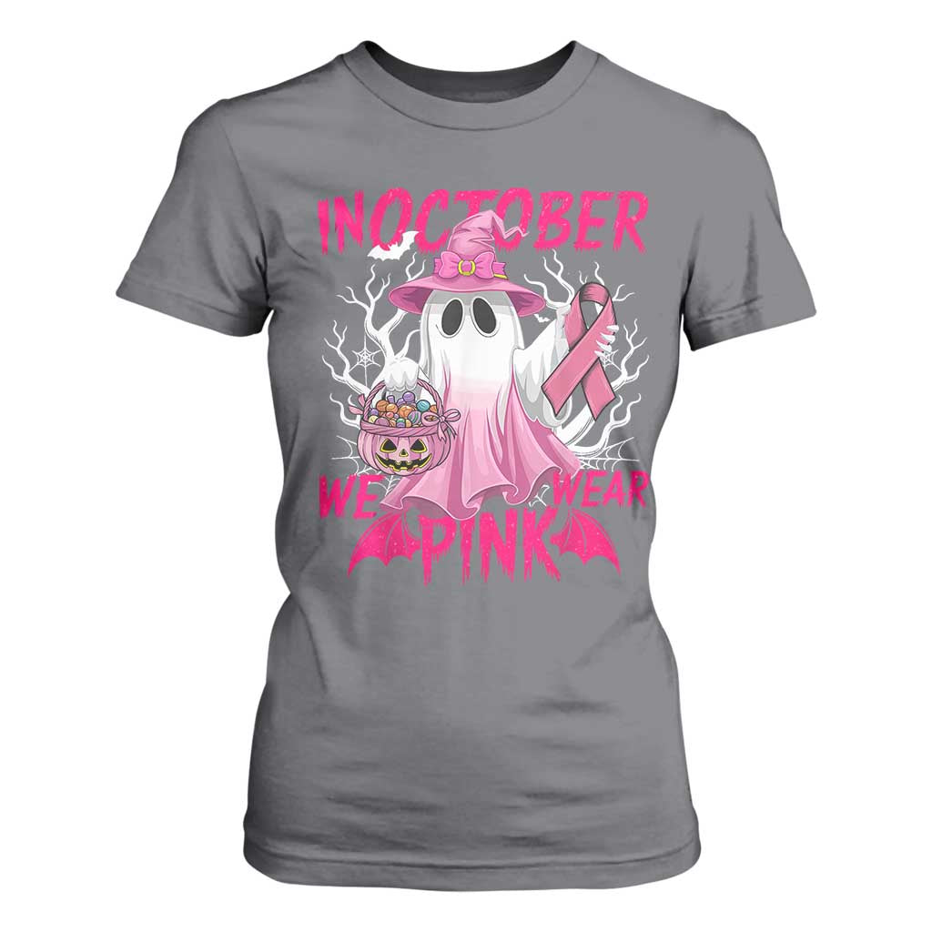 Breast Cancer Support T Shirt For Women In October We Wear Pink Ghost
