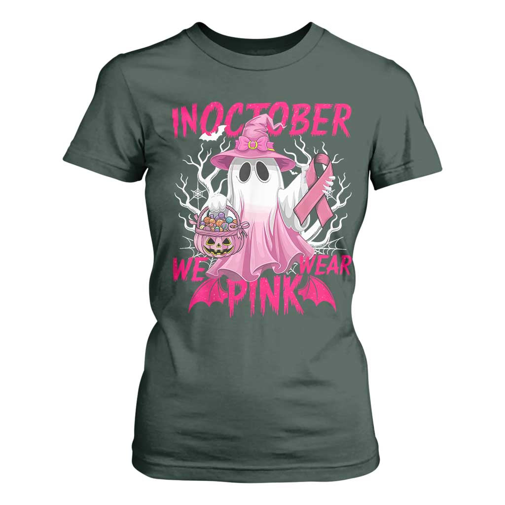 Breast Cancer Support T Shirt For Women In October We Wear Pink Ghost