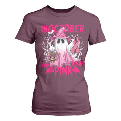 Breast Cancer Support T Shirt For Women In October We Wear Pink Ghost