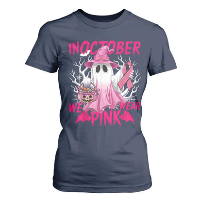 Breast Cancer Support T Shirt For Women In October We Wear Pink Ghost