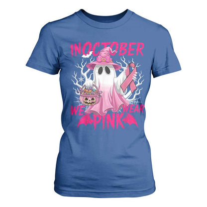 Breast Cancer Support T Shirt For Women In October We Wear Pink Ghost