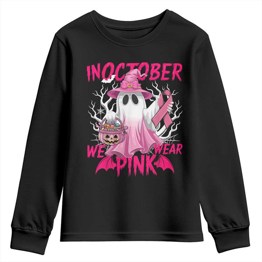 Breast Cancer Support Youth Sweatshirt In October We Wear Pink Ghost