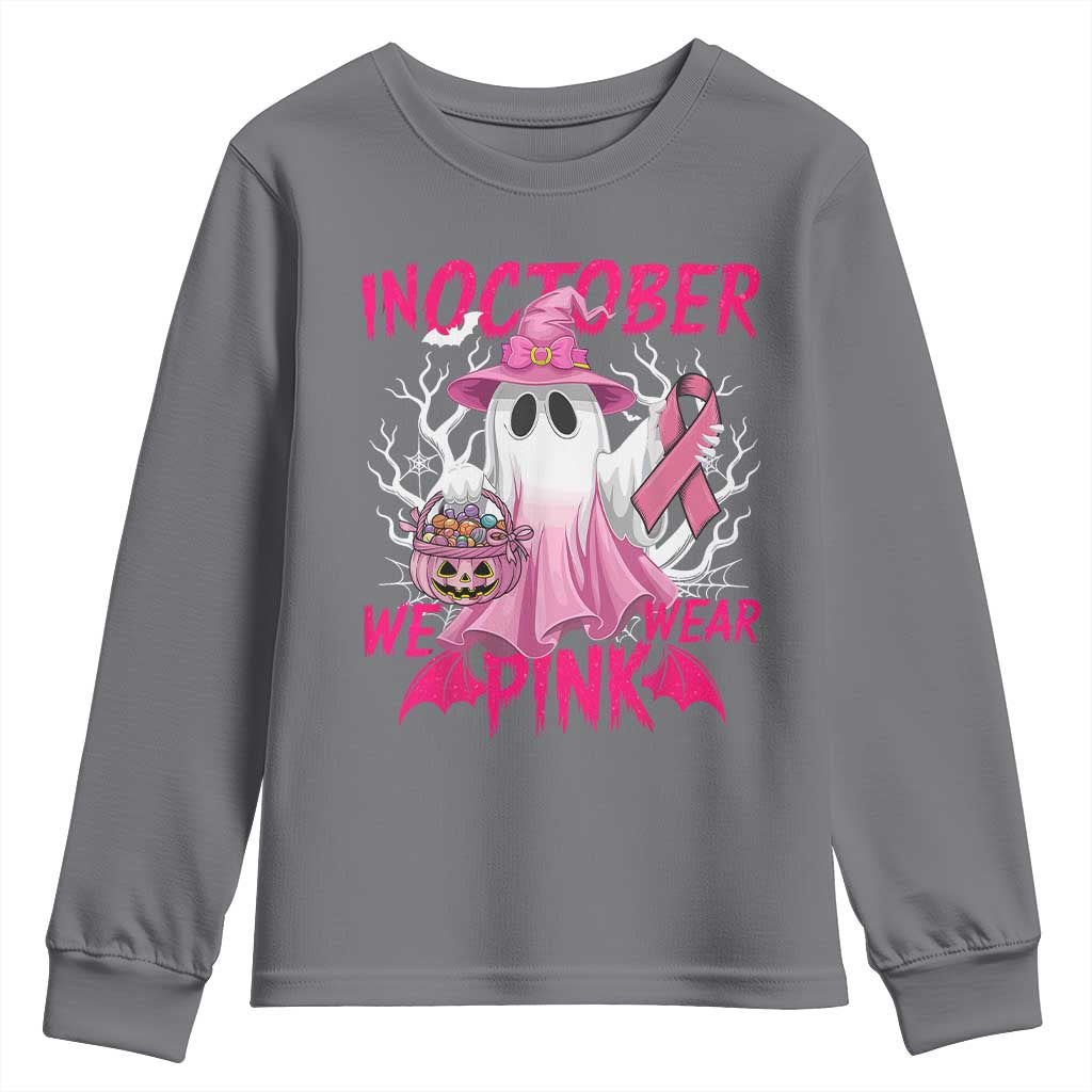 Breast Cancer Support Youth Sweatshirt In October We Wear Pink Ghost