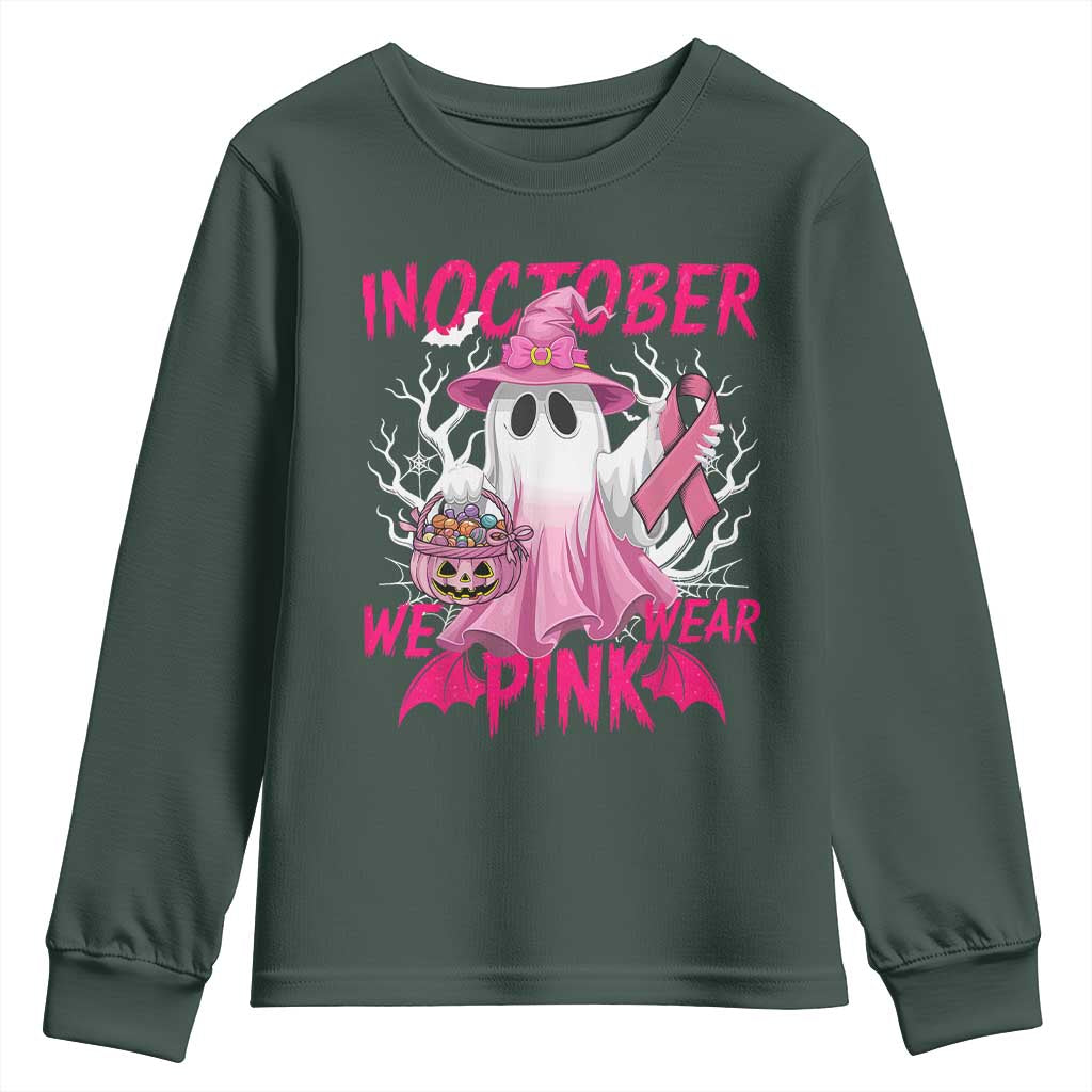 Breast Cancer Support Youth Sweatshirt In October We Wear Pink Ghost