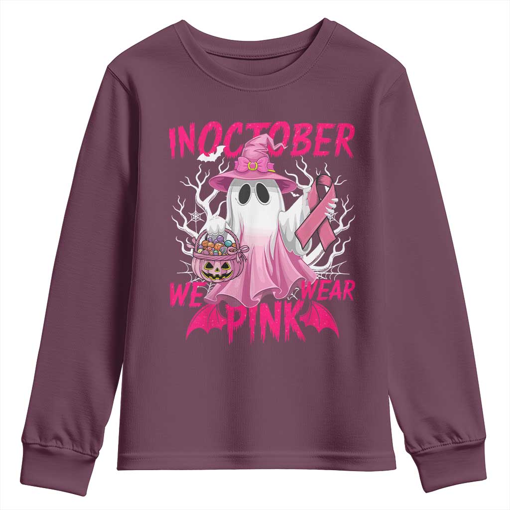 Breast Cancer Support Youth Sweatshirt In October We Wear Pink Ghost