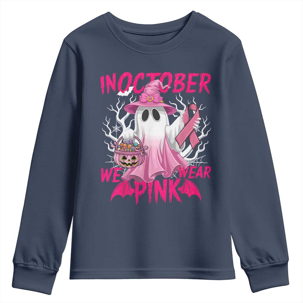 Breast Cancer Support Youth Sweatshirt In October We Wear Pink Ghost