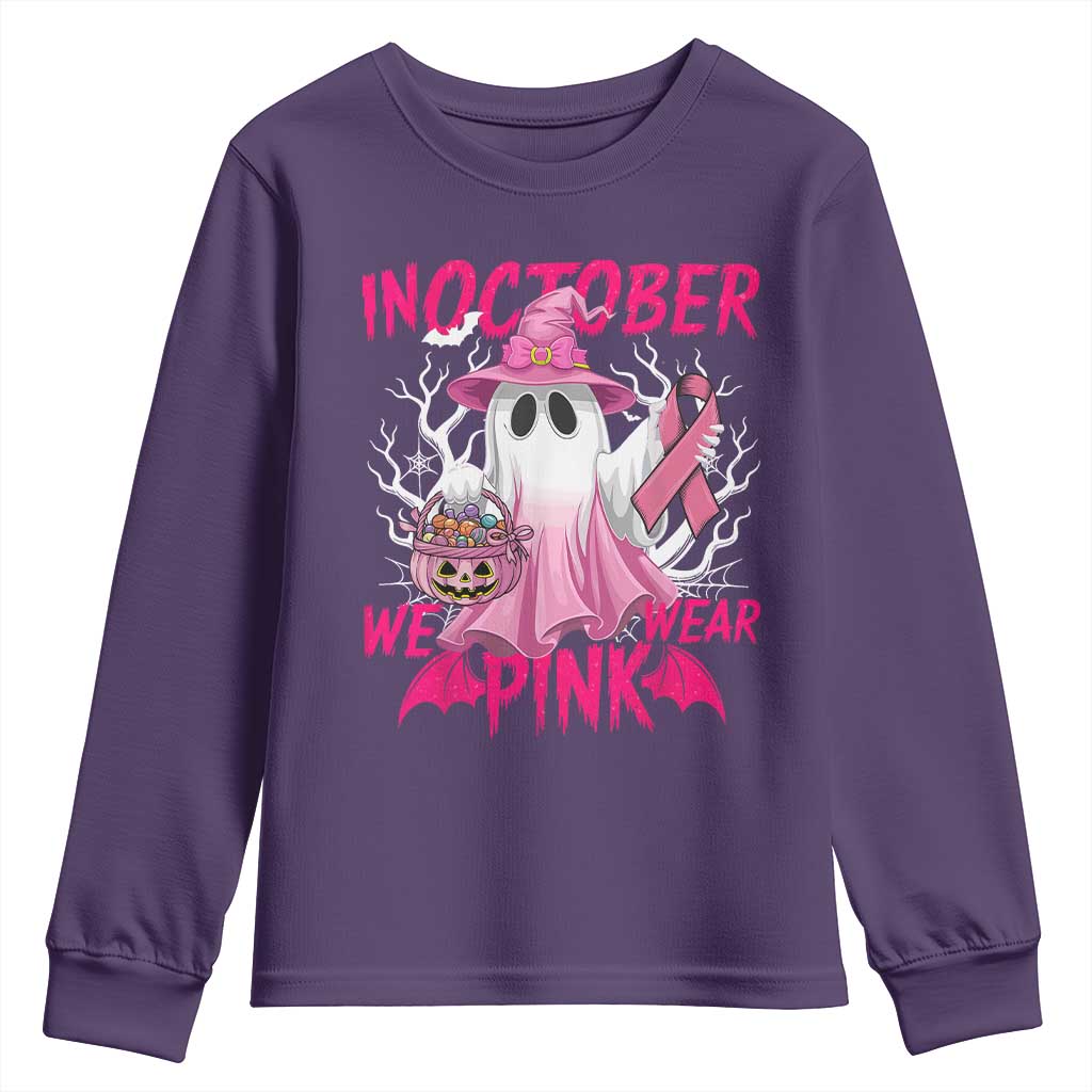 Breast Cancer Support Youth Sweatshirt In October We Wear Pink Ghost