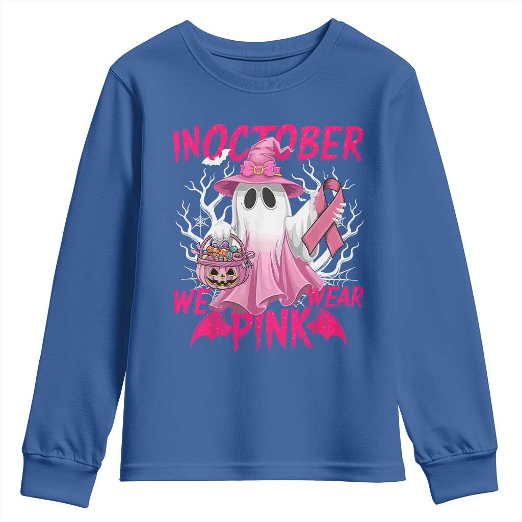 Breast Cancer Support Youth Sweatshirt In October We Wear Pink Ghost