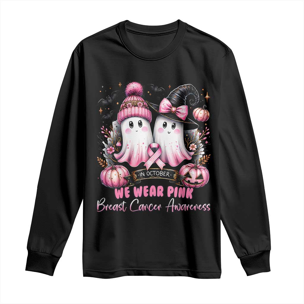 Breast Cancer Support Witch Long Sleeve Shirt In October We Wear Pink Ghost Witch