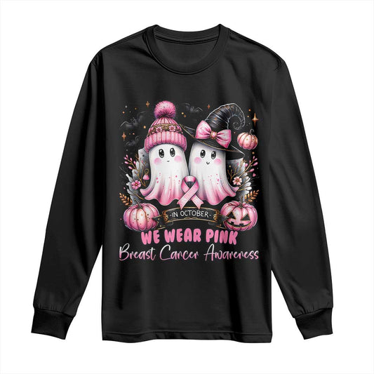 Breast Cancer Support Witch Long Sleeve Shirt In October We Wear Pink Ghost Witch