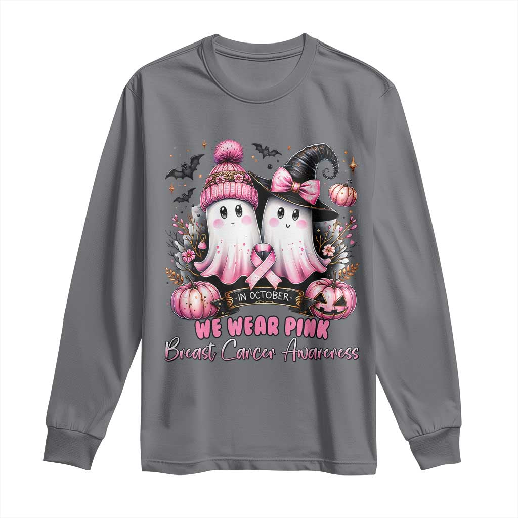 Breast Cancer Support Witch Long Sleeve Shirt In October We Wear Pink Ghost Witch