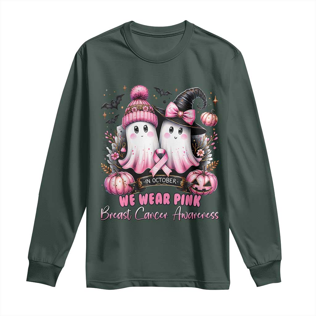 Breast Cancer Support Witch Long Sleeve Shirt In October We Wear Pink Ghost Witch