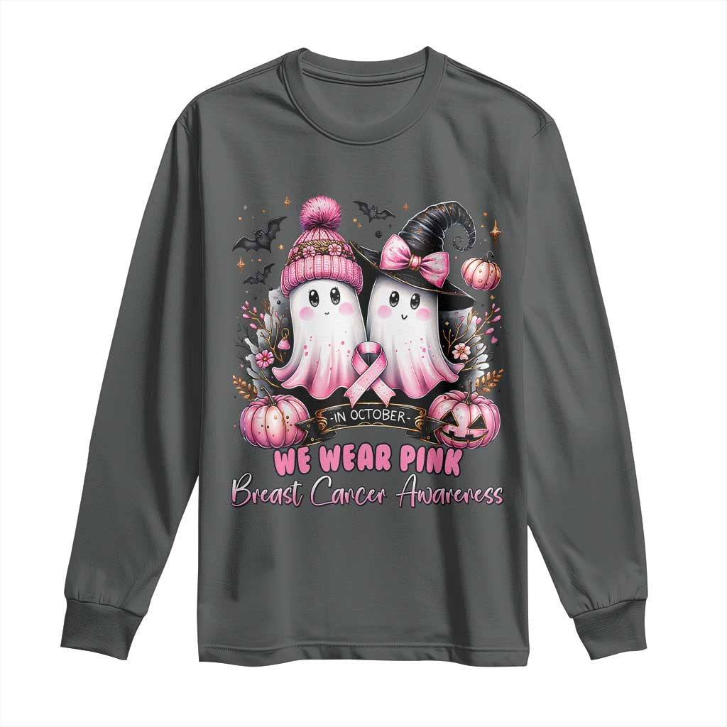 Breast Cancer Support Witch Long Sleeve Shirt In October We Wear Pink Ghost Witch