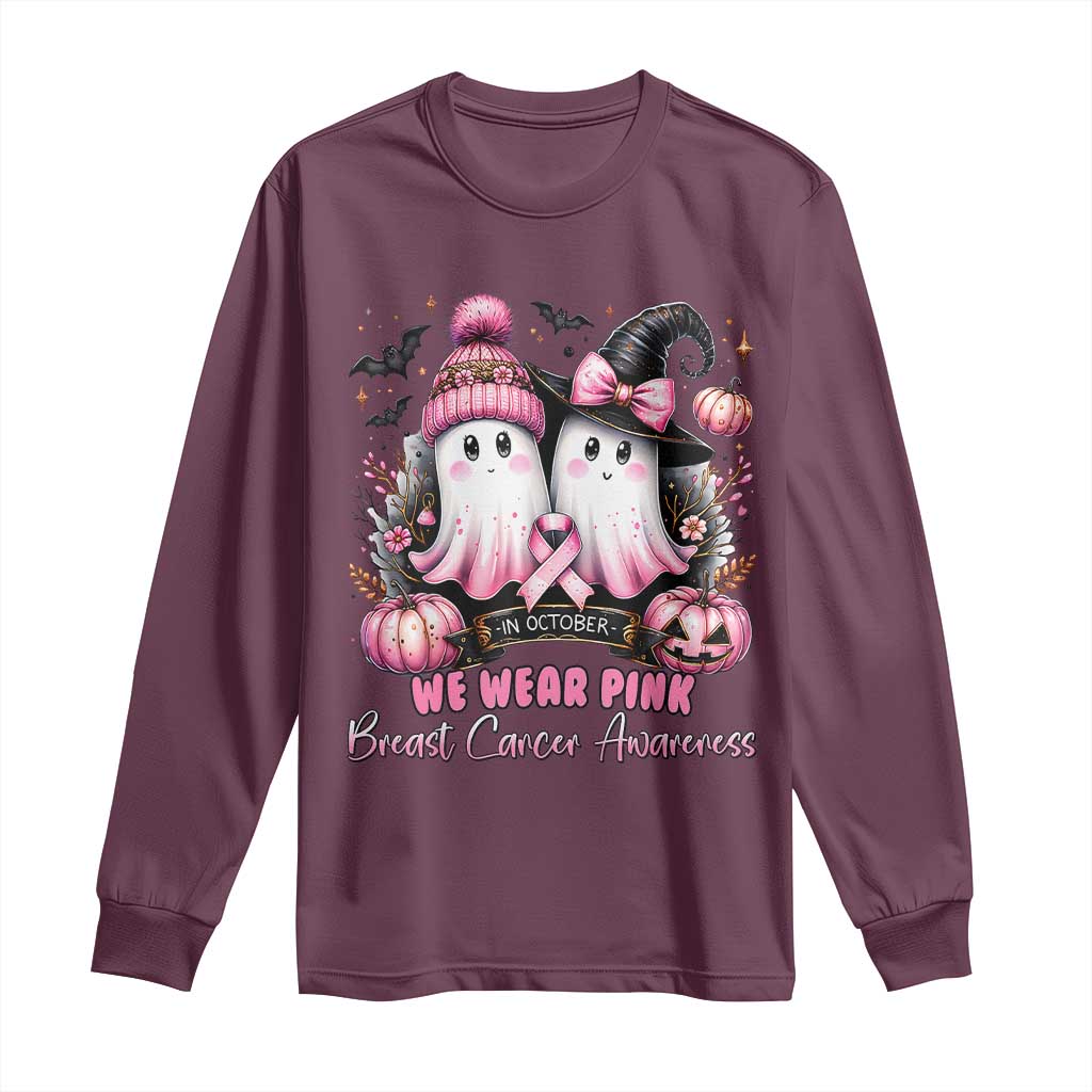 Breast Cancer Support Witch Long Sleeve Shirt In October We Wear Pink Ghost Witch