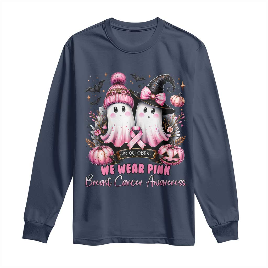 Breast Cancer Support Witch Long Sleeve Shirt In October We Wear Pink Ghost Witch