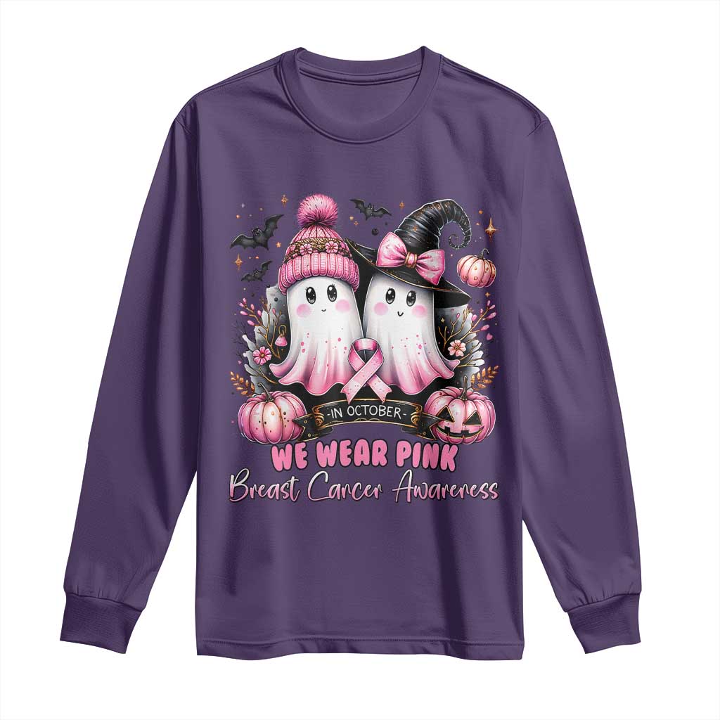 Breast Cancer Support Witch Long Sleeve Shirt In October We Wear Pink Ghost Witch