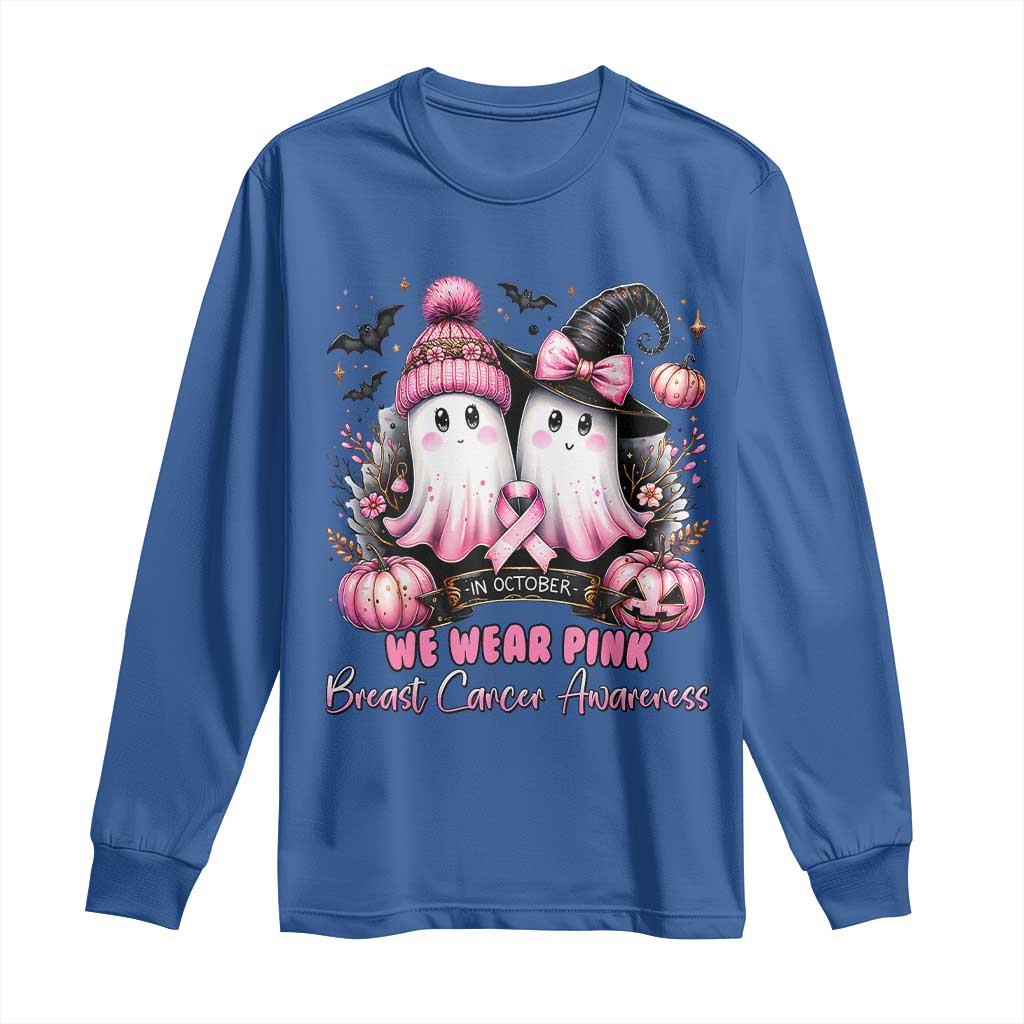 Breast Cancer Support Witch Long Sleeve Shirt In October We Wear Pink Ghost Witch