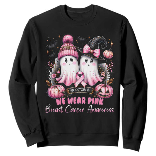 Breast Cancer Support Witch Sweatshirt In October We Wear Pink Ghost Witch