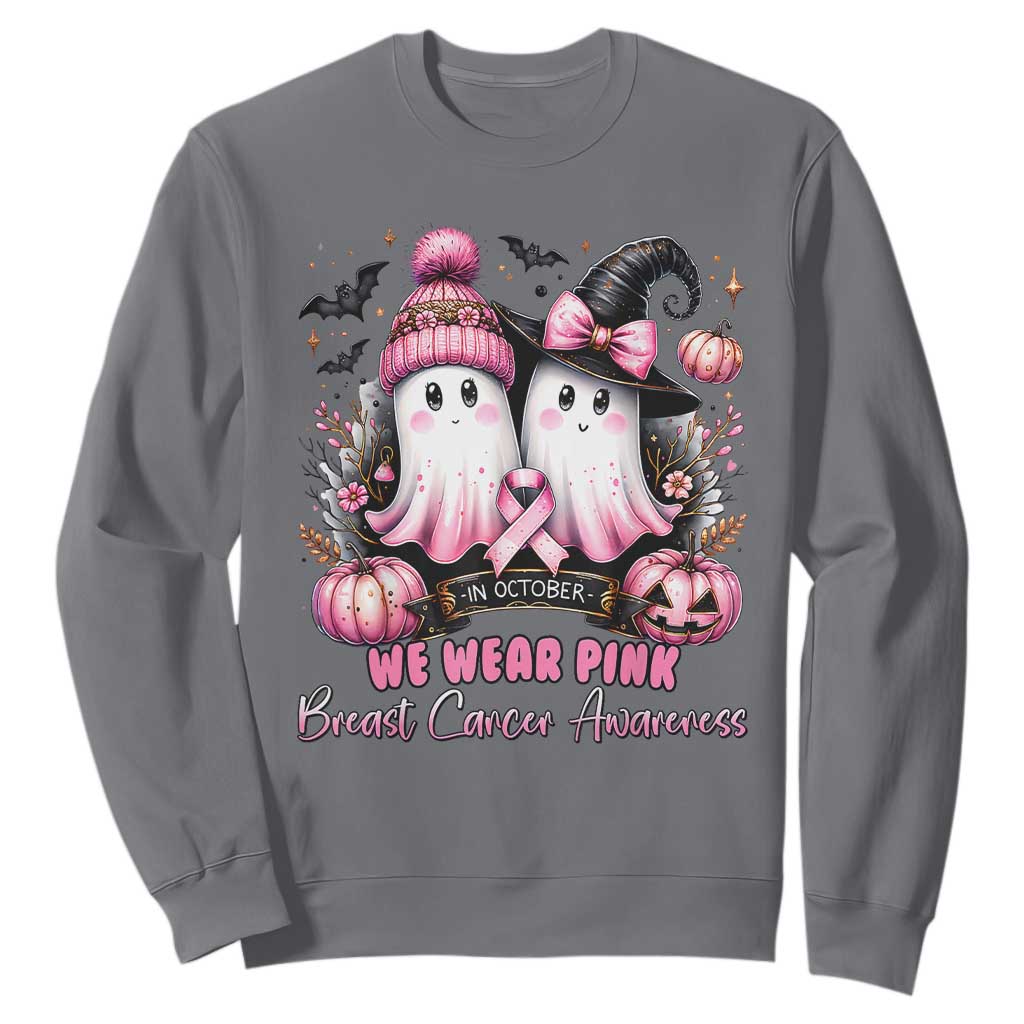 Breast Cancer Support Witch Sweatshirt In October We Wear Pink Ghost Witch