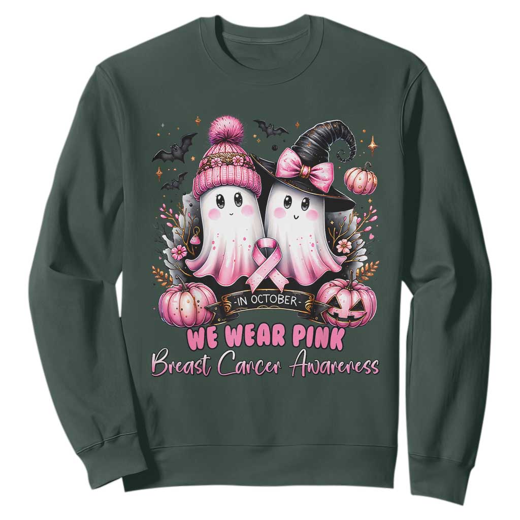 Breast Cancer Support Witch Sweatshirt In October We Wear Pink Ghost Witch